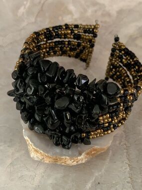 Black Onyx and Beaded Cuff Bracelet